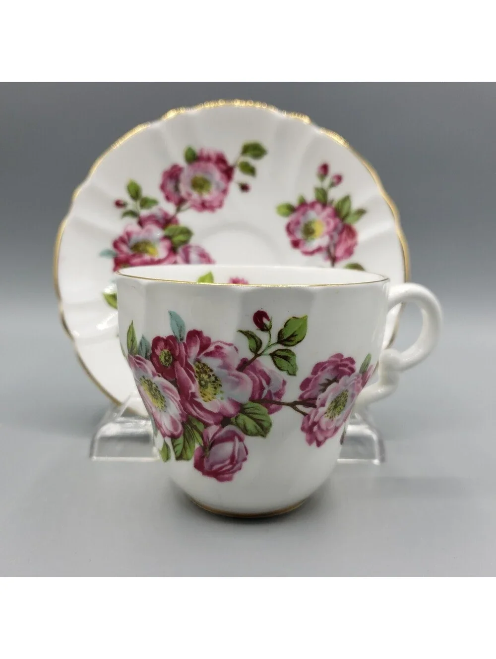 Vintage Staffordshire Teacup & Saucer Set Old Fashioned Roses England Bone China